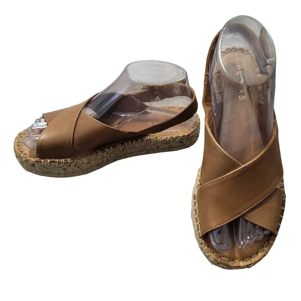 Alohas Tan Leather Crossed Platform Espadrille Sandals Brown Womens US 6 EU 36